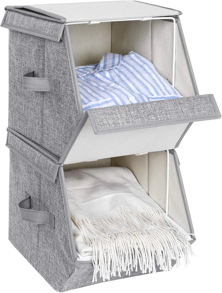 SONGMICS Scatole Portaoggetti Impilabili, Set di 3 Contenitori con Coperchio, Cornice di Metallo, Chiusura Magnetica, per Vestiti Giocattoli Libri, Grigio RLB12GY