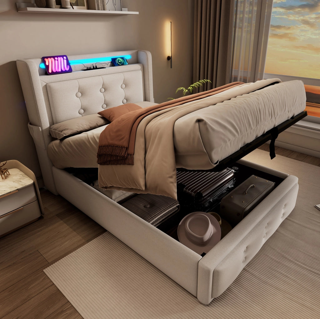 Letto singolo 90x200 con LED, prese e materasso incluso