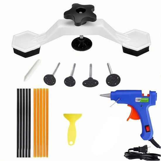 Kit di riparazione di buchi per auto 19 pezzi, set di riparazione di buchi per auto con pistola a spruzzo di adesivo, strumento per rimozione di ponti, set di riparazione di buchi per deuken in portiere di auto e danni da grandine