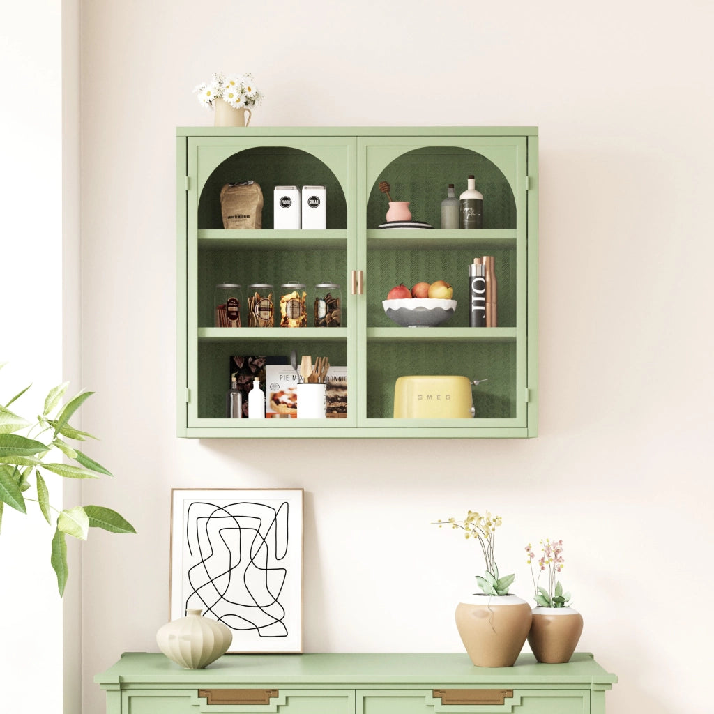 Pensile moderno a 2 ante in vetro e metallo verde con ripiano interno estraibile e 3 livelli di stoccaggio, 79,5 x 39 x 24 cm