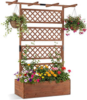 Letto da Giardino con Traliccio, Fioriera Rialzata in Legno con Spalliera, Fori di Drenaggio e Fondo Rimovibile, Aiuola Elevata con Griglia per Piante Rampicanti e Verdure