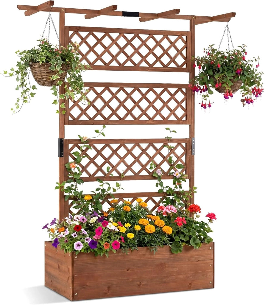 Letto da Giardino con Traliccio, Fioriera Rialzata in Legno con Spalliera, Fori di Drenaggio e Fondo Rimovibile, Aiuola Elevata con Griglia per Piante Rampicanti e Verdure