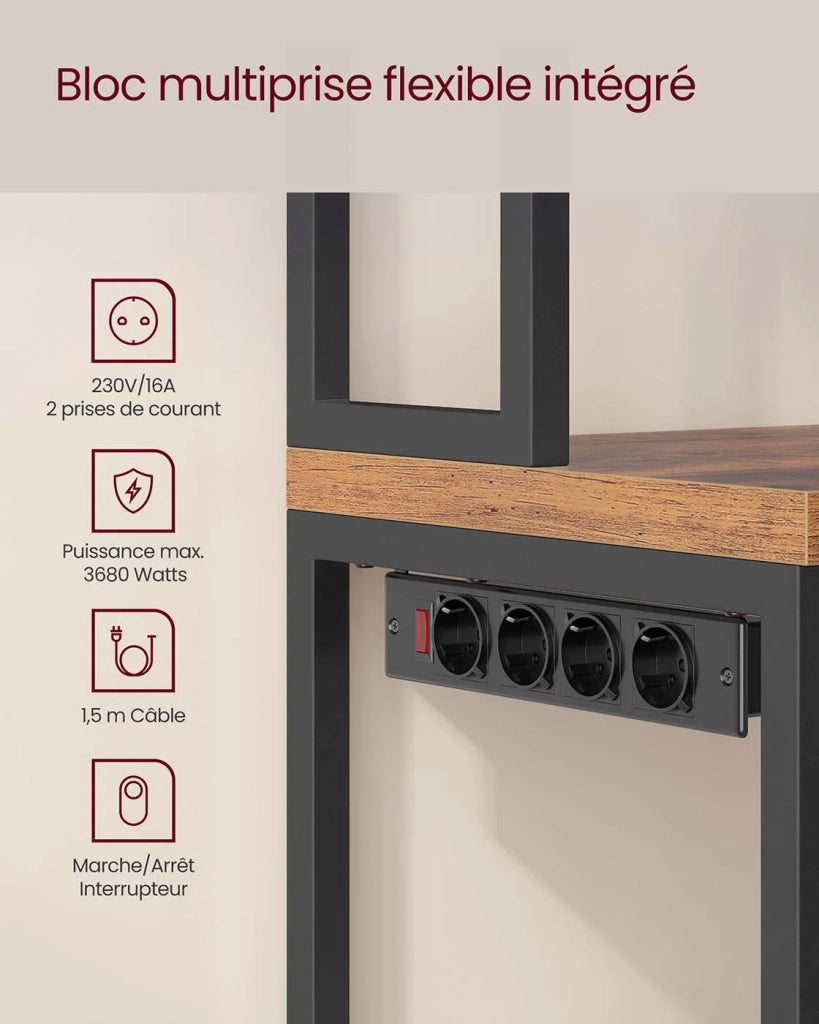 Mensola da cucina con multipresa bar con piano di lavoro 40 x 60 x 170 cm di altezza supporto per microonde con 8 ganci marrone 12_0007995