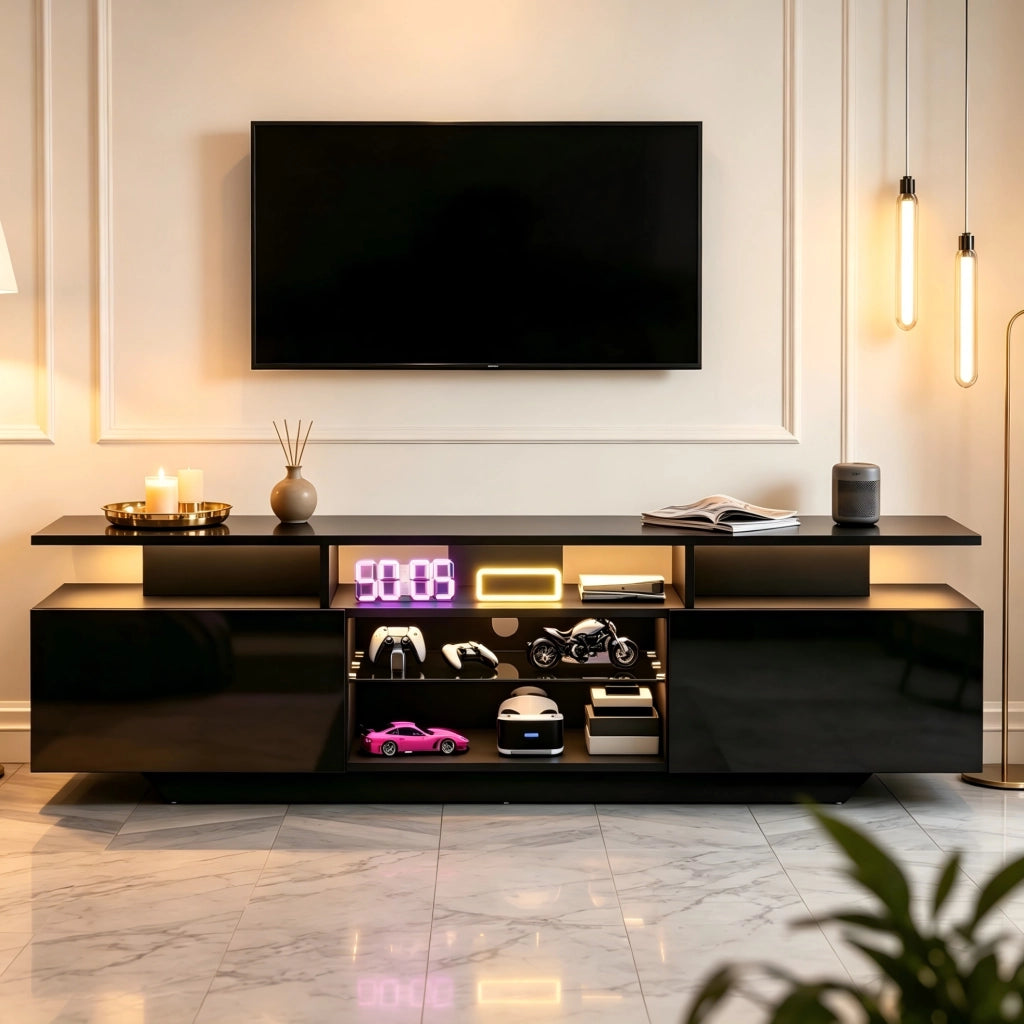 Mobile TV nero con LED controllabile via app, 160x40x45 cm, 2 ante e 8 ripiani