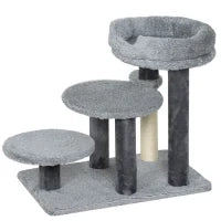Tiragraffi e scala per gatti, base ampia, tessuto in peluche, palo graffi in sisal, grigio
