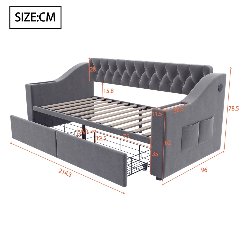 Letto imbottito 90x190 cm con divano letto, tessuto velluto, 2 cassetti contenitore, porte USB e struttura in metallo, grigio scuro