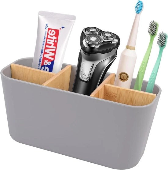 Oggetto di supporto per spazzola da denti con pareti divisorie in bambù - 5 fessure - Spazzola da denti elettrica verticale - Grigio - Organizzatore multifunzionale per la stanza da bagno per famiglie