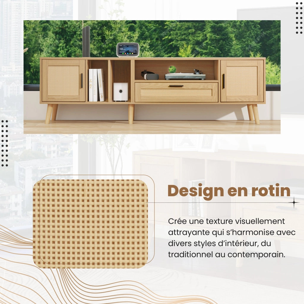 Mobile TV con 2 Ante; 1 Cassetto e 3 Vani Aperti; con Gestione Cavi; in Pannello Truciolare; 180¡Á40¡Á55 cm; Rovere