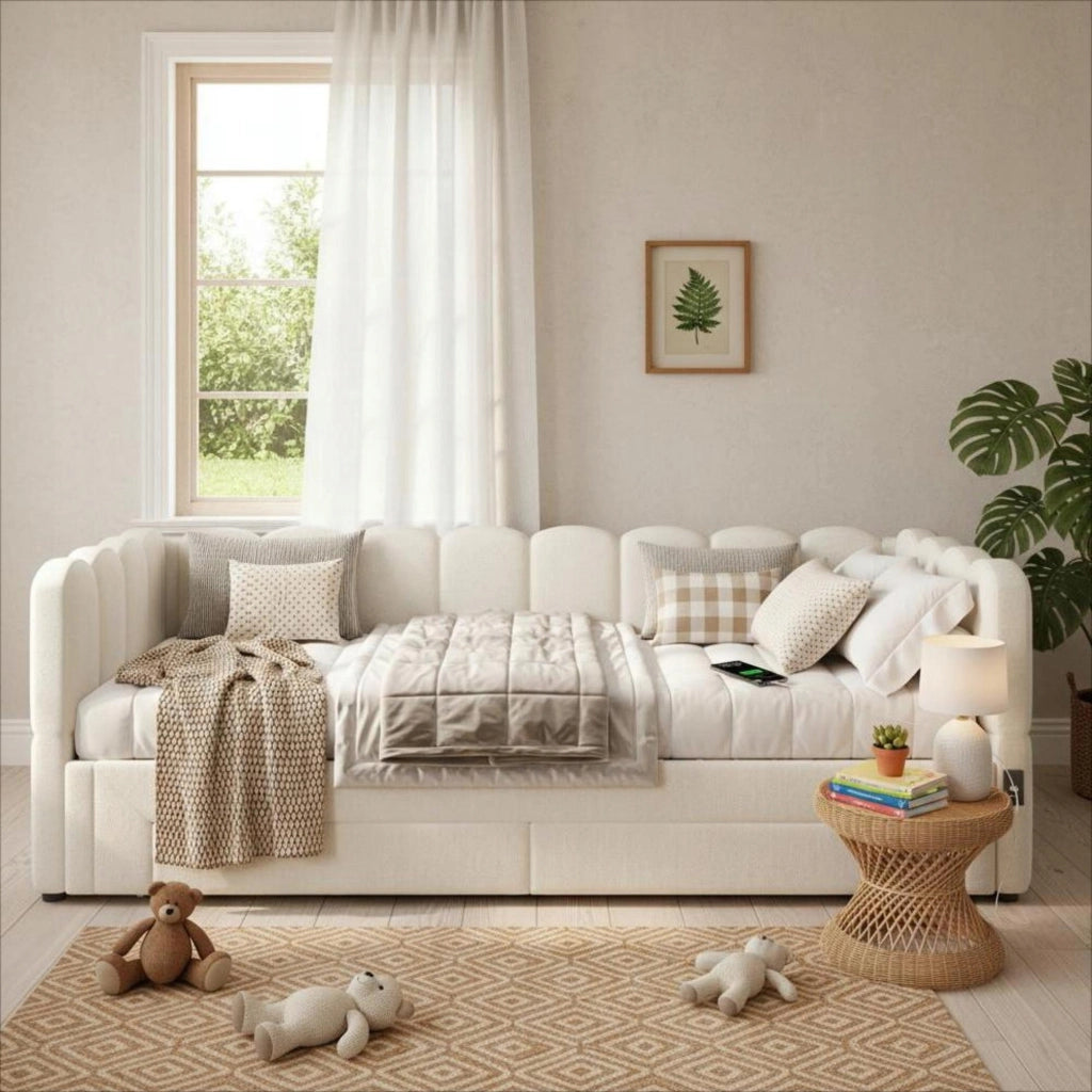 Letto a scomparsa imbottito 90x200 - Xylo - 2 cassetti USB beige