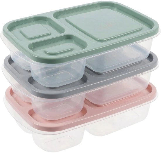 Set di 3 contenitori per pasti - Bento Box - Cassetta per pane con 3 compartimenti - Scatole per pasti - Inerte al BPA - Plastica