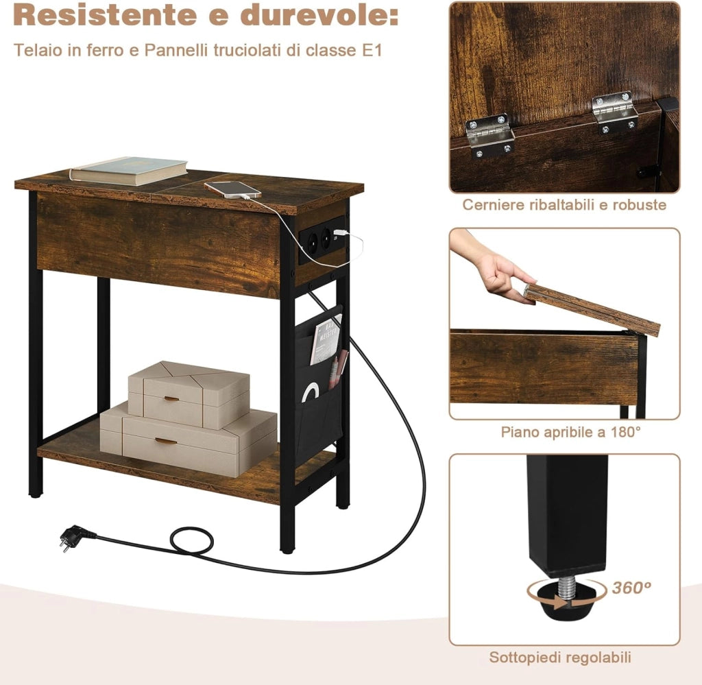 Tavolino da Salotto con Area di Ricarico, Tavolino da Divano Laterale, Comodino con Piano Ribaltabile, Scatola in Tessuto, 2 Prese e 2 Porta USB, Rovere Vintage