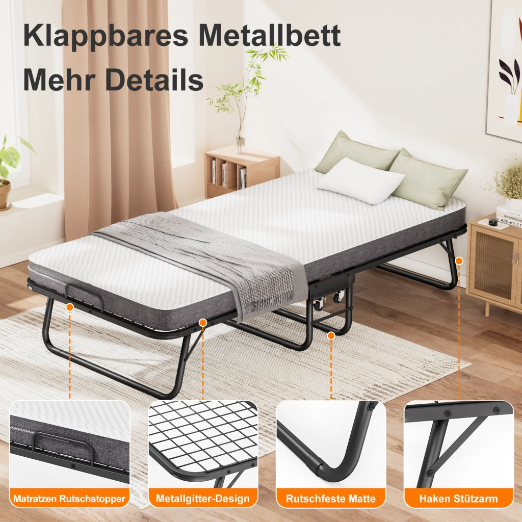 Letto pieghevole – 90x190 cm – memory foam ruote copertura – nero