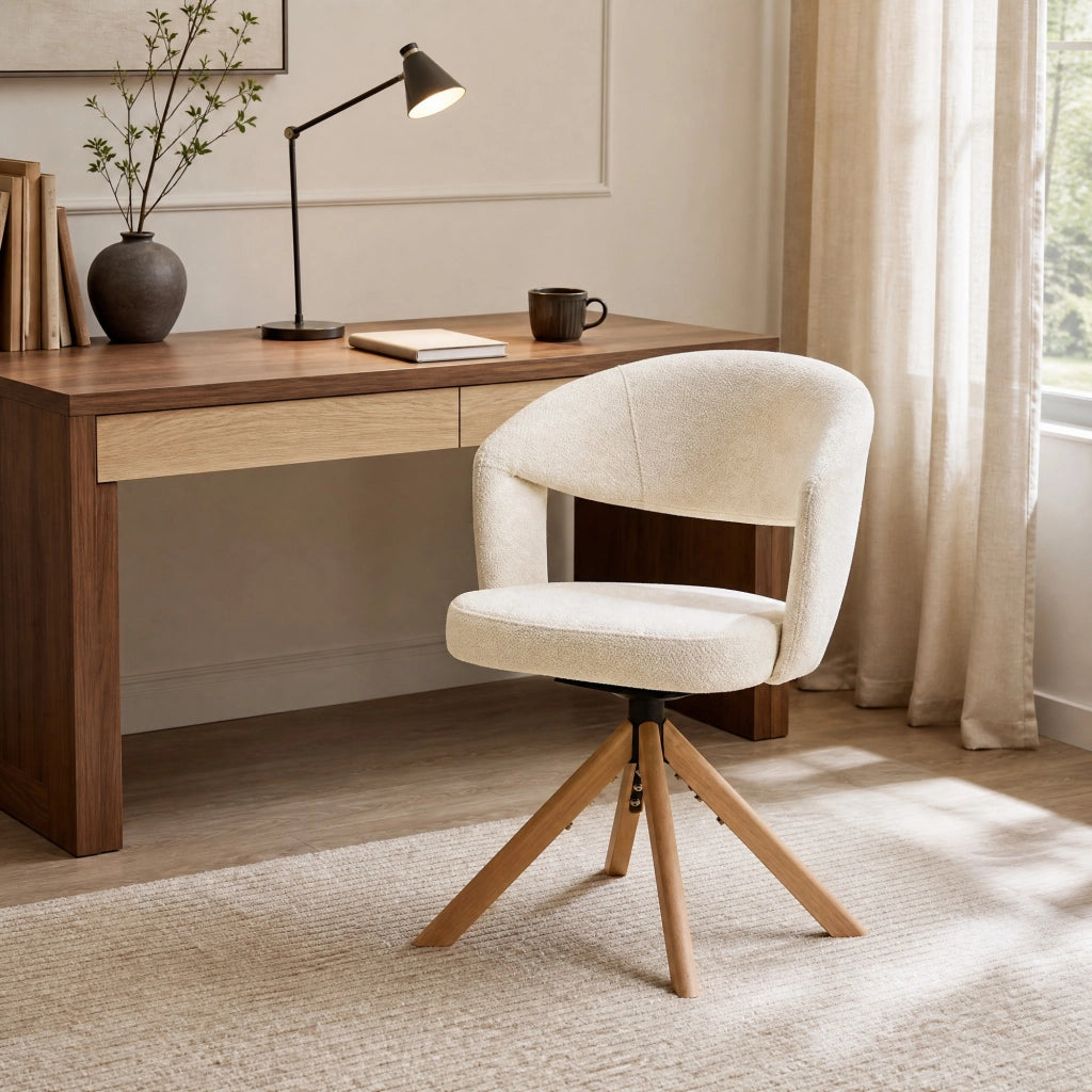 Sedia da Pranzo Set da 2 Girevole con Schienale Ergonomico e Rotazione Silenziosa, in Tessuto e Legno Massello Bianco, Legno