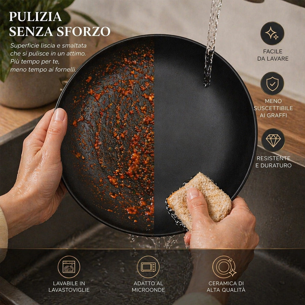 Servizio Piatti 16 Pezzi Design Moderno per 4 Persone in Gres Smaltato Nero