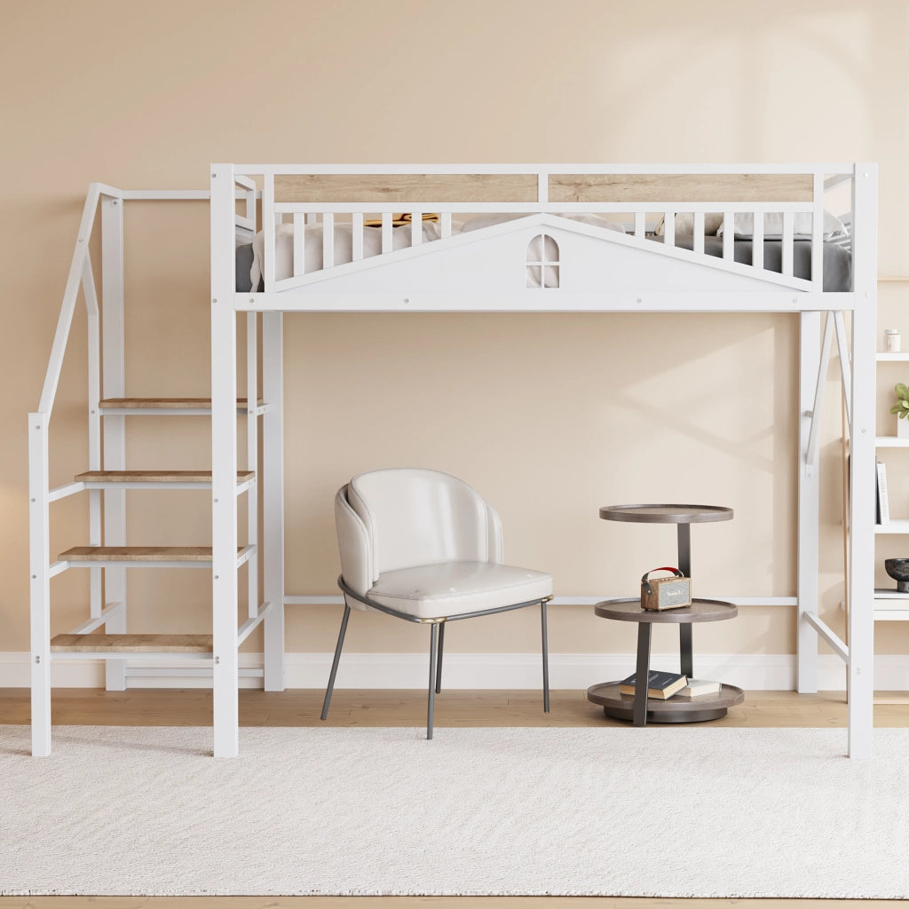 Letto a castello metallo e legno bianco con scala di sicurezza e spazio di stoccaggio 140x200 cm