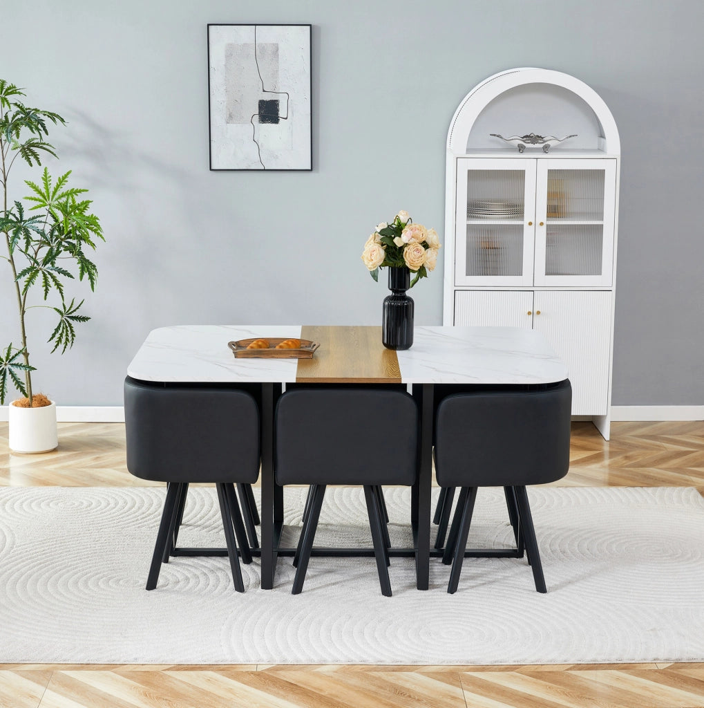 Set tavolo da pranzo 7 pezzi bianco e legno, 6 sedie in PU, struttura nera