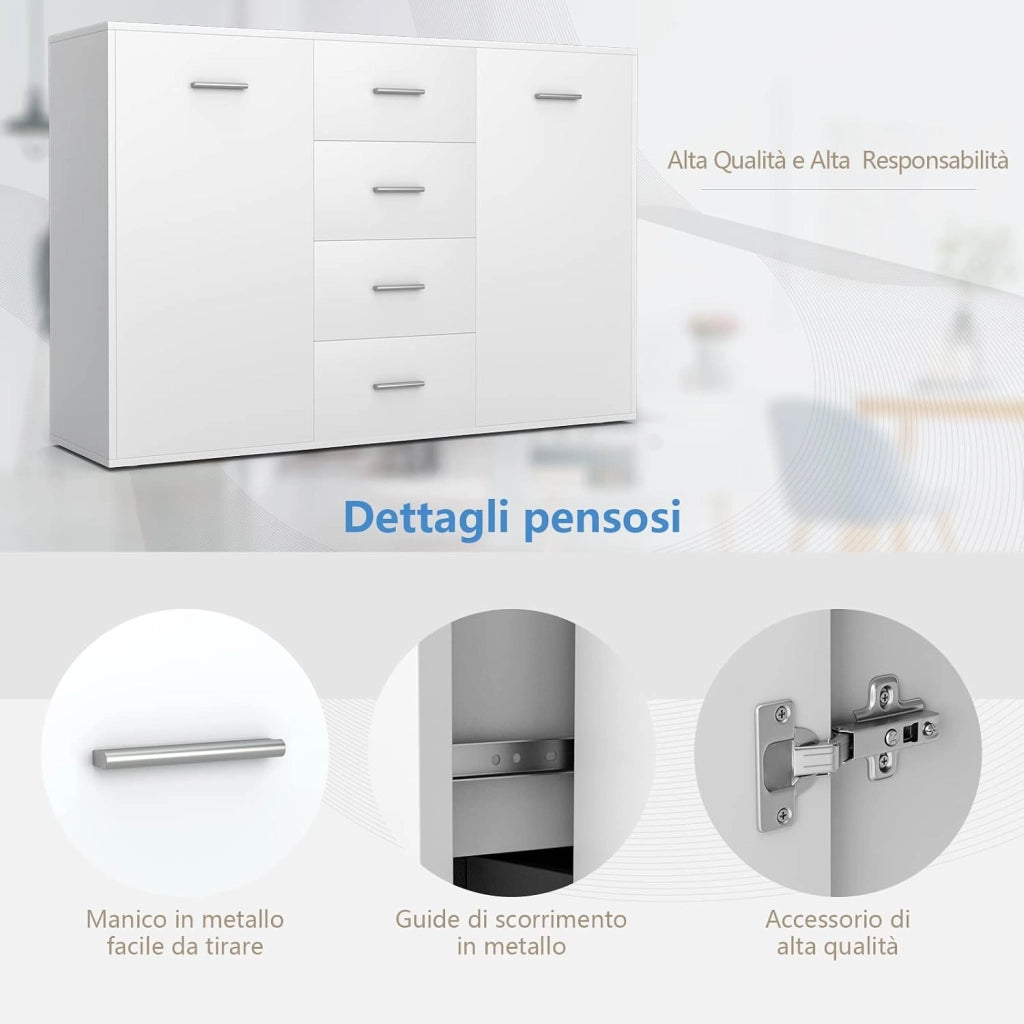 Armadio di Legno con 4 Cassetti e 2 Ante, Credenza Cassettiera di Stoccaggio con Ripiani Regolabili, Mobile Comò per Salone Camera da Letto Ingresso,123 x 34,5 x 82 cm (Bianco)