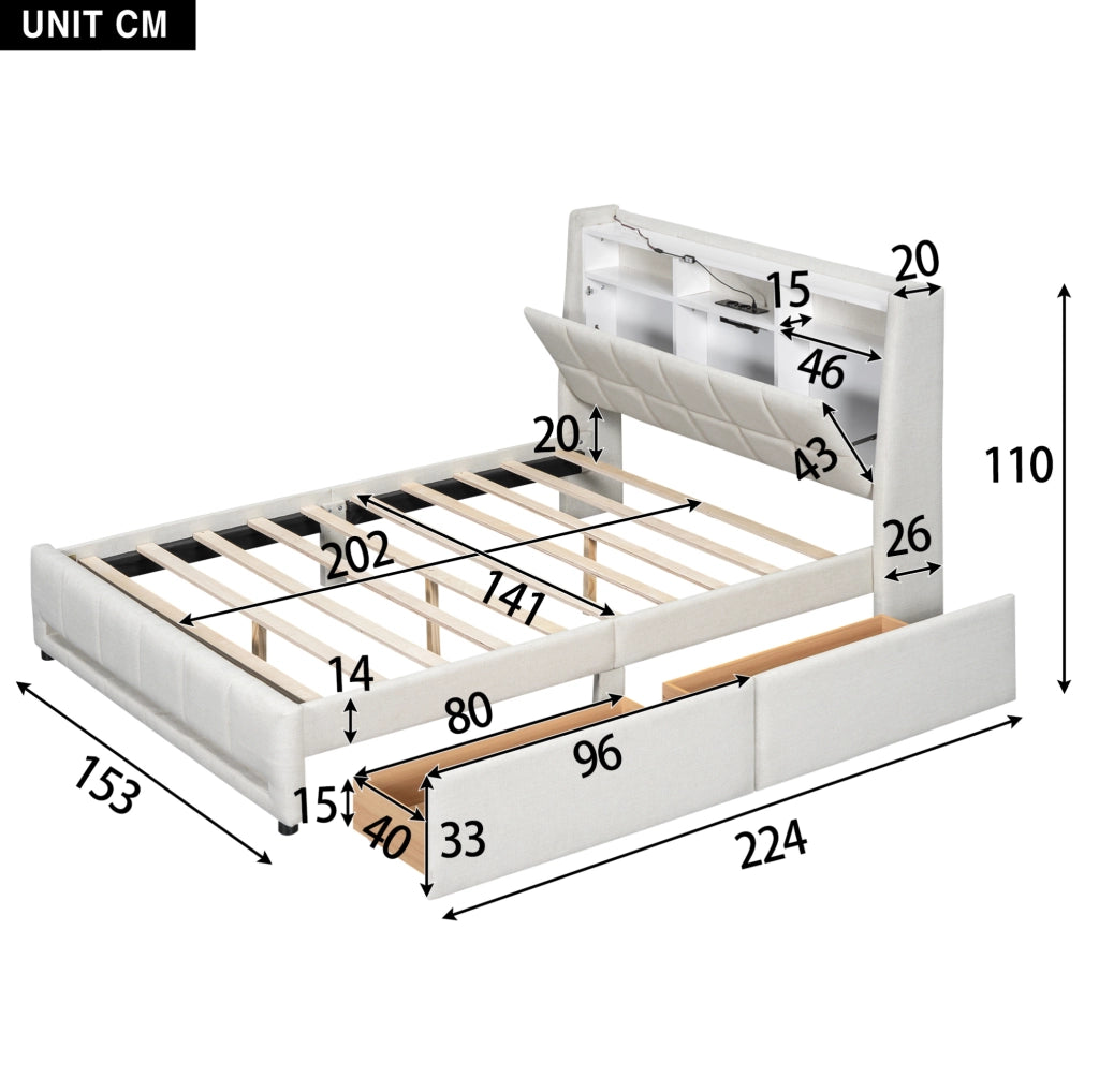 LETTO imbottito 140 x 200 cm in lino beige con LED, USB e 2 cassetti