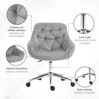 Sedia da Ufficio Ergonomica Girevole con Altezza Regolabile e Ruote, Rivestimento in Velluto, 59x58x80-90cm, Grigio