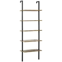 Libreria Moderna a Scala con 5 Ripiani e Dispositivo Antiribaltamento, Design a Muro, in Legno e Metallo, 60x30x184.5 cm, Marrone