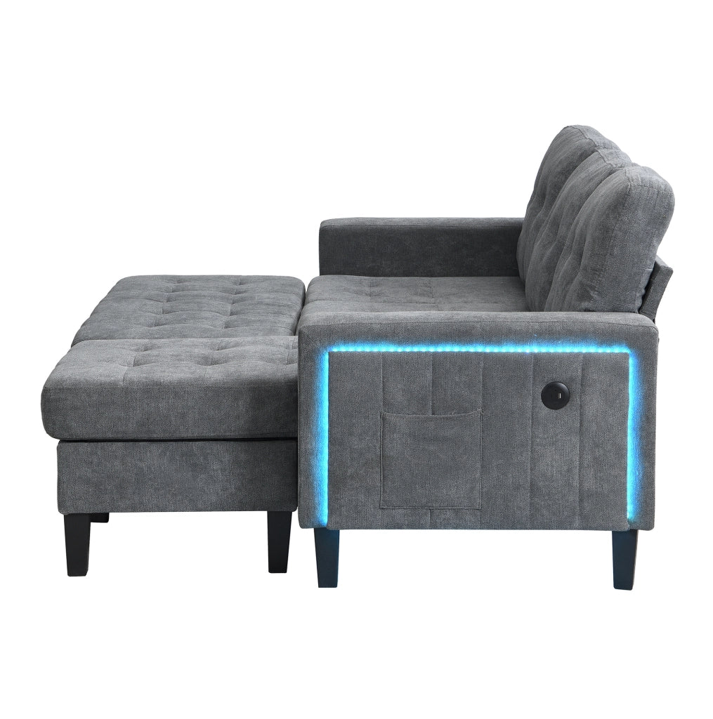 Divano letto angolare 185x135x85 cm; modulare con pouf mobile; LED e USB in chenille grigio antico