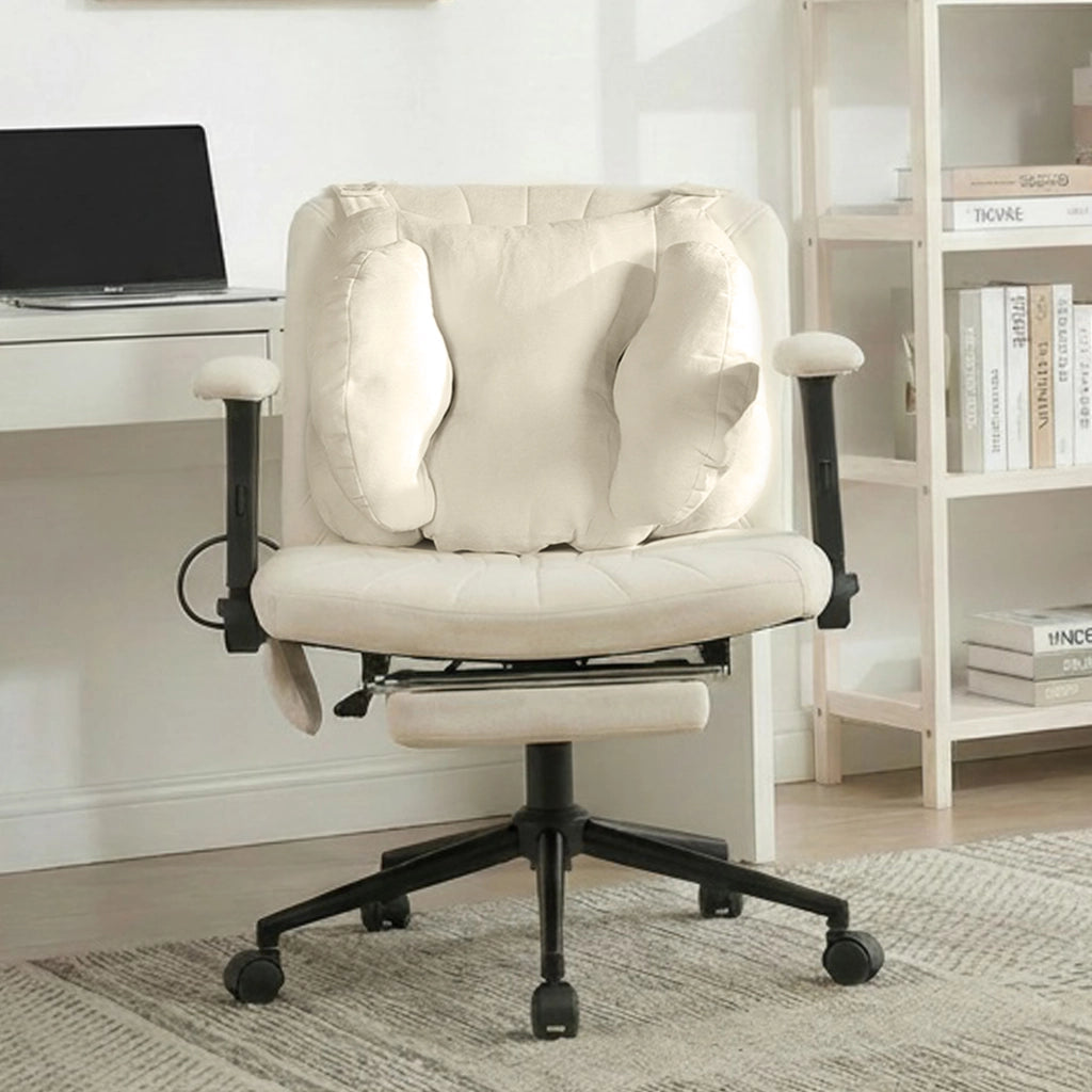 Sedia da ufficio girevole con altezza regolabile, braccioli e rotelle in tessuto beige per casa, portata 150 kg