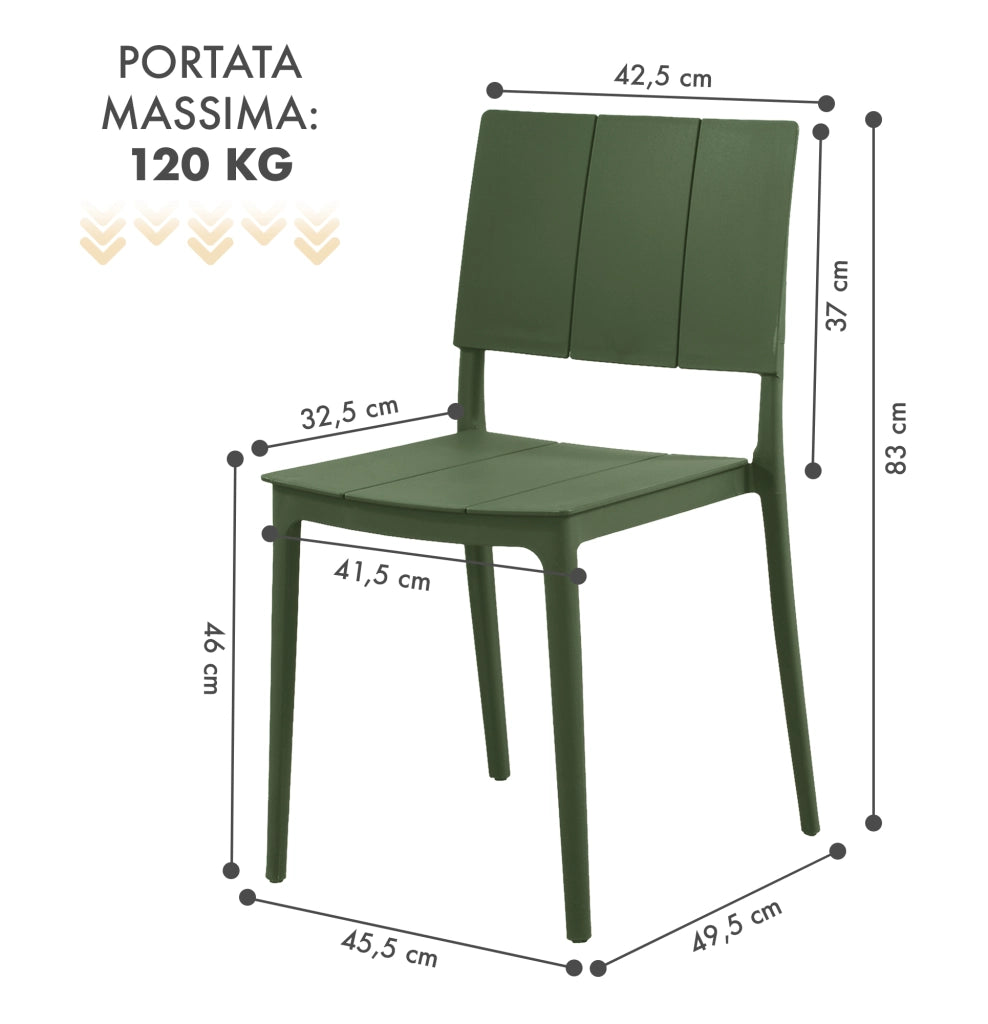 Set 4 Sedie In Polipropilene e Fibra Di Vetro Sedia Cucina Trattamento Uv Antiscolorimento Giardino Interno Esterno Moderne Robuste Resistenti Seduta Terrazzo Soggiorno Bar Ristorante Impilabili Livia-Verde