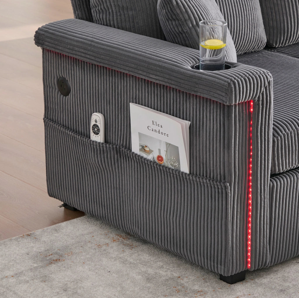 Divano modulare con contenitore 194x73x81 cm in tessuto effetto velluto a coste; grigio scuro