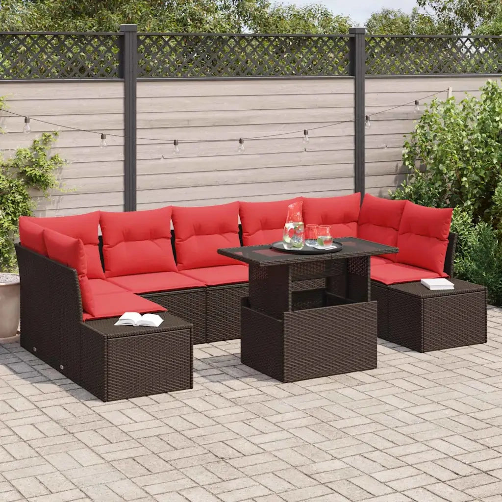 Set Divano da Giardino 8 pz 7-Numero di posti Marrone e Rosso 3357877
