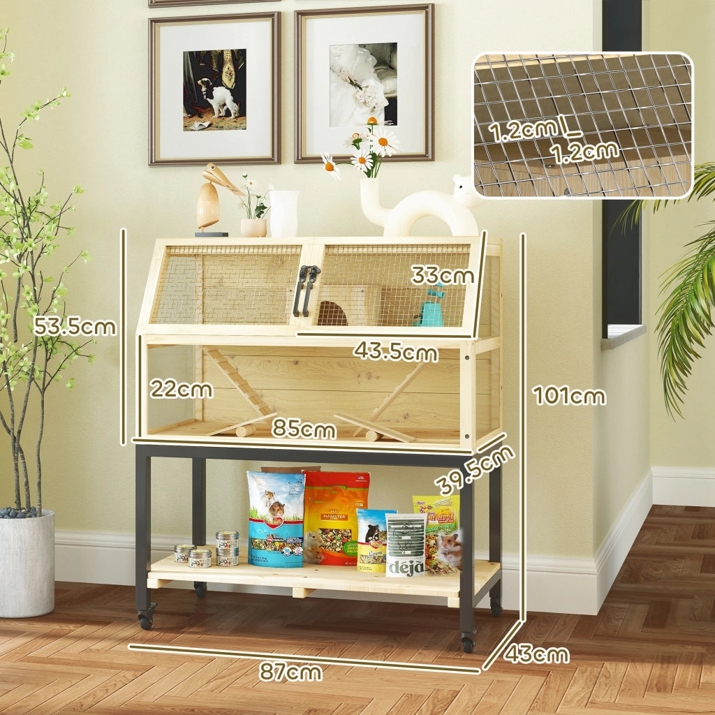 Scaffale per piccoli animali a due livelli con rampe, ripiani e ruote in legno e metallo naturale 87 × 43 × 101 cm