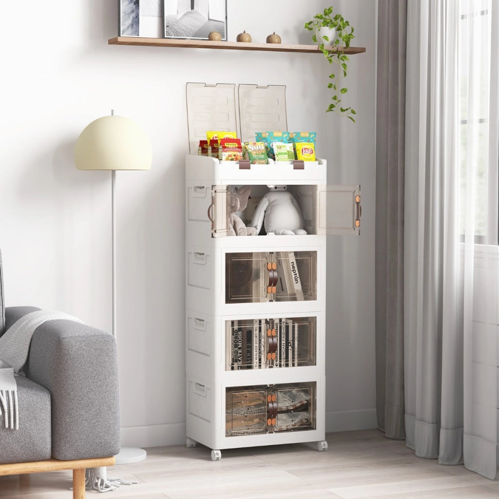 Scatole di stoccaggio pieghevoli con coperchio da 210L, Set da 4 contenitori di plastica impilabili con ruote Bianco-Cassettiere