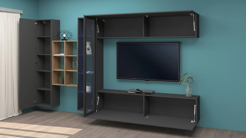 Parete attrezzata antracite moderna libreria mobile TV sospeso vetrina Loane RT