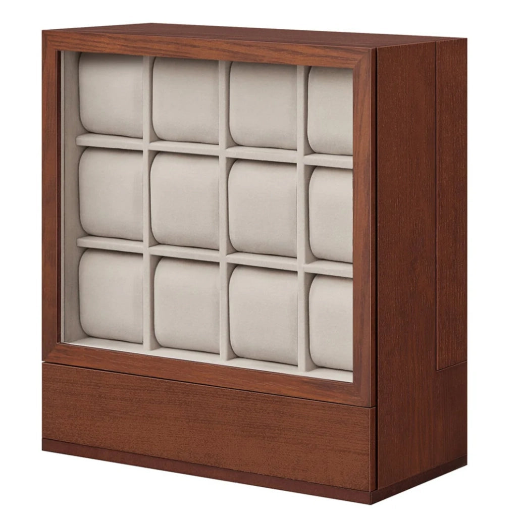 Scatola porta orologi da 12 scomparti espositore per orologi con finestra impiallacciatura effetto legno fodera in velluto conservazione verticale salvaspazio regalo marrone 12_0004366