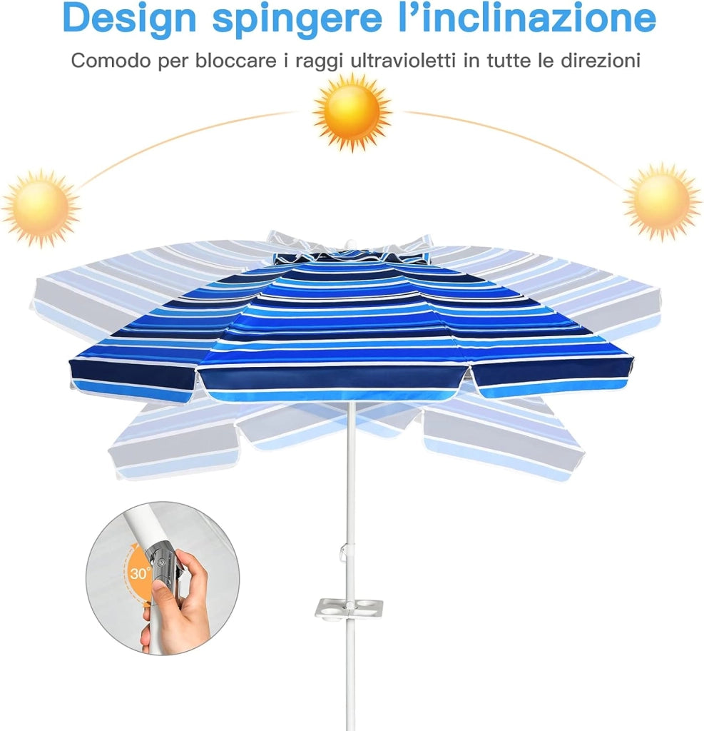 Ombrellone da Spiaggia 200 x 220 cm, Ombrellone da Mare con Inclinazione Regolabile, con Vassoio, 8 Stecche, Protezione UV, Impermeabile, Borsa di Trasporto (Blu Navy)