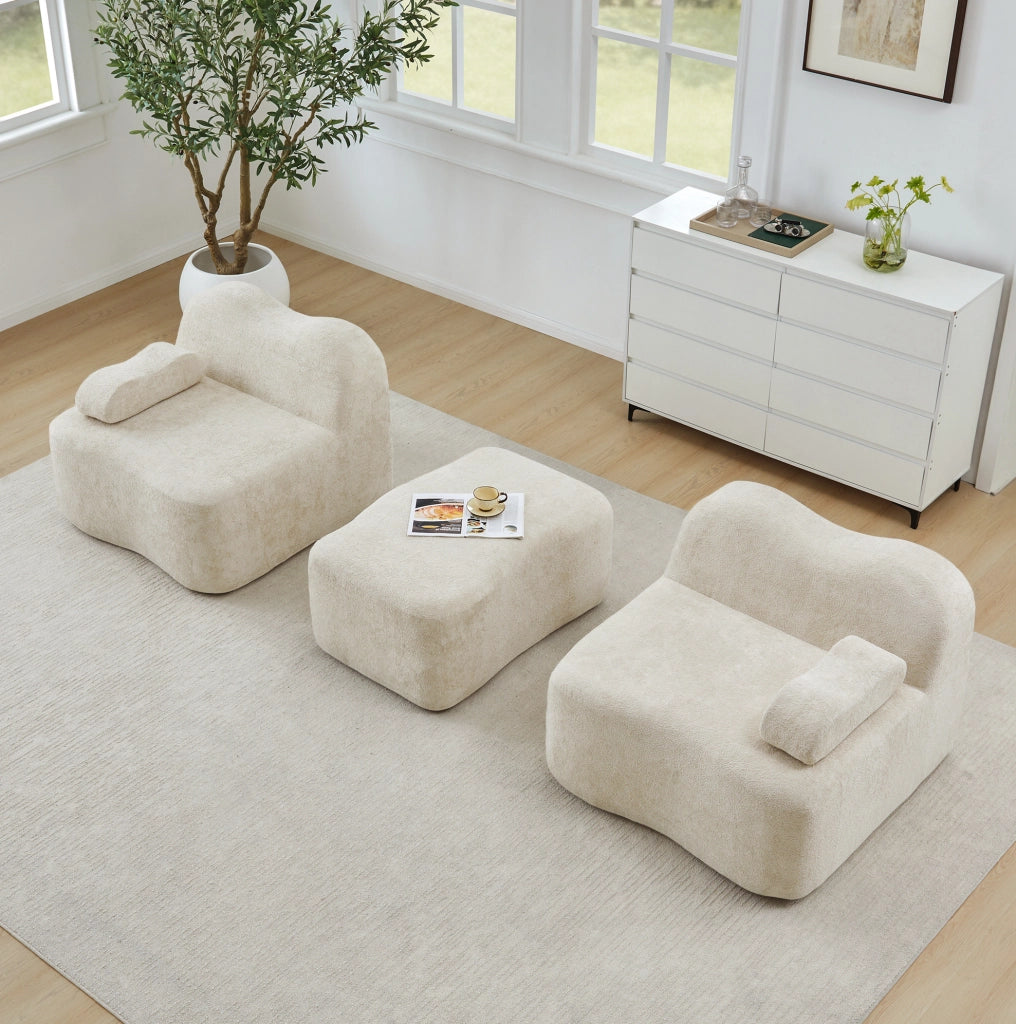 Divano modulare angolare a L 192x167x70 cm in velluto beige; con pouf; senza montaggio