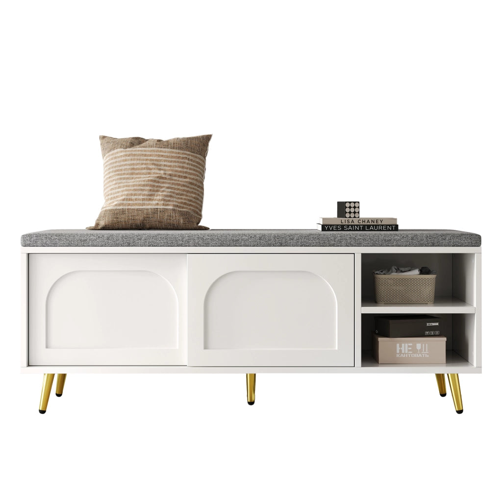 Mobile da ingresso con seduta imbottita, ante rimovibili e ripiani, per ingresso e camera da letto, bianco, 121 × 35 × 49 cm