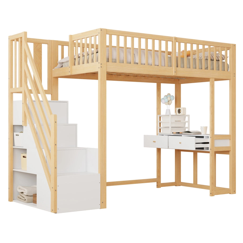 Letto a soppalco 90x200 con scrivania multifunzione e scala contenitore