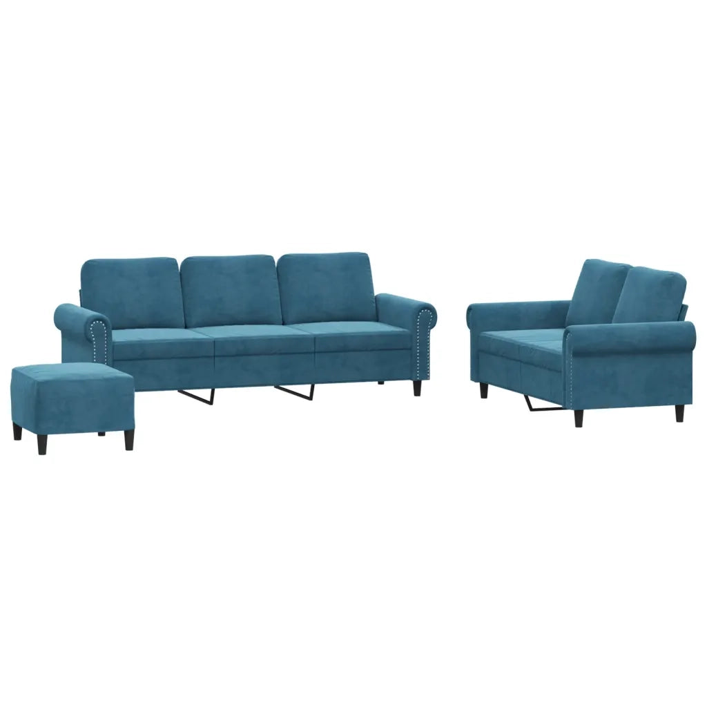 Set di Divani 3 pz con Cuscini Blu in Velluto
