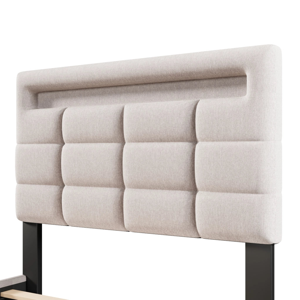 Letto imbottito 90x200 cm in lino beige con LED APP; USB e contenitore idraulico