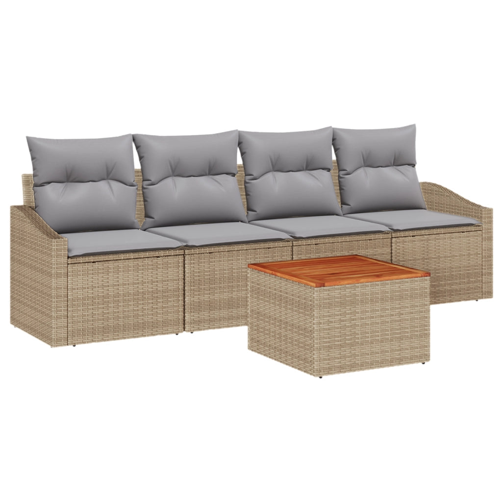 Set Divano da Giardino 5 Pezzi con Cuscini Beige Polyrattan Acacia
