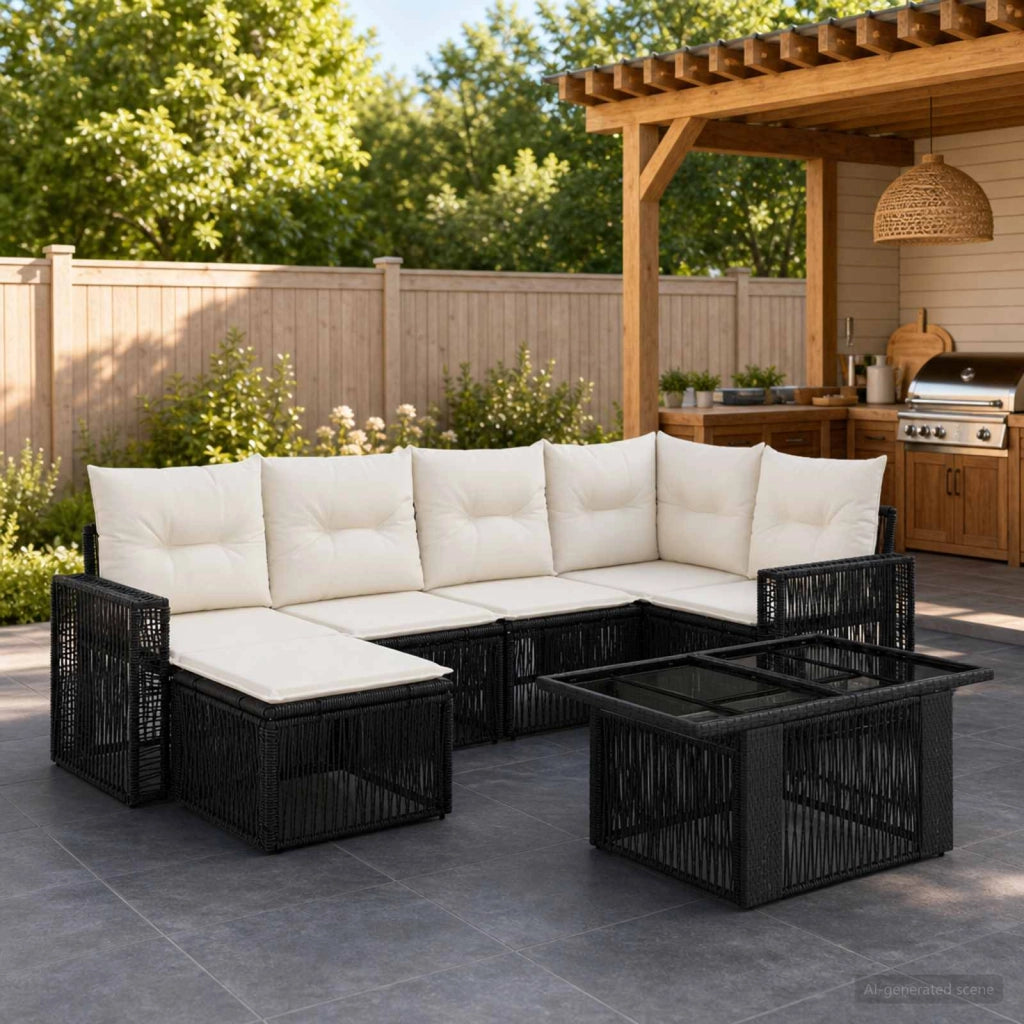 Set Divano da Giardino 7 pz Nero e Bianco Crema polyrattan 3436822