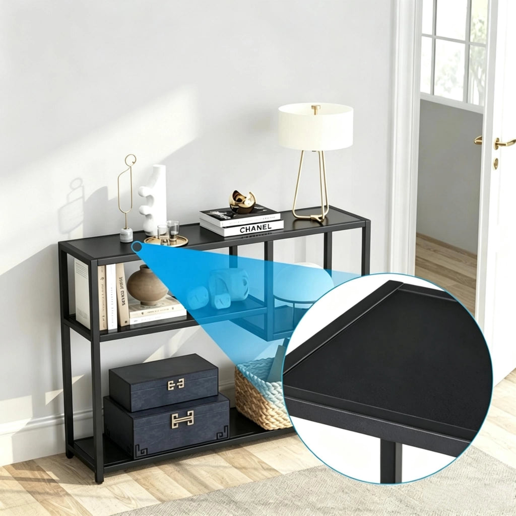 Tavolo consolle 110x30x85 cm con 4 ripiani in metallo e legno nero