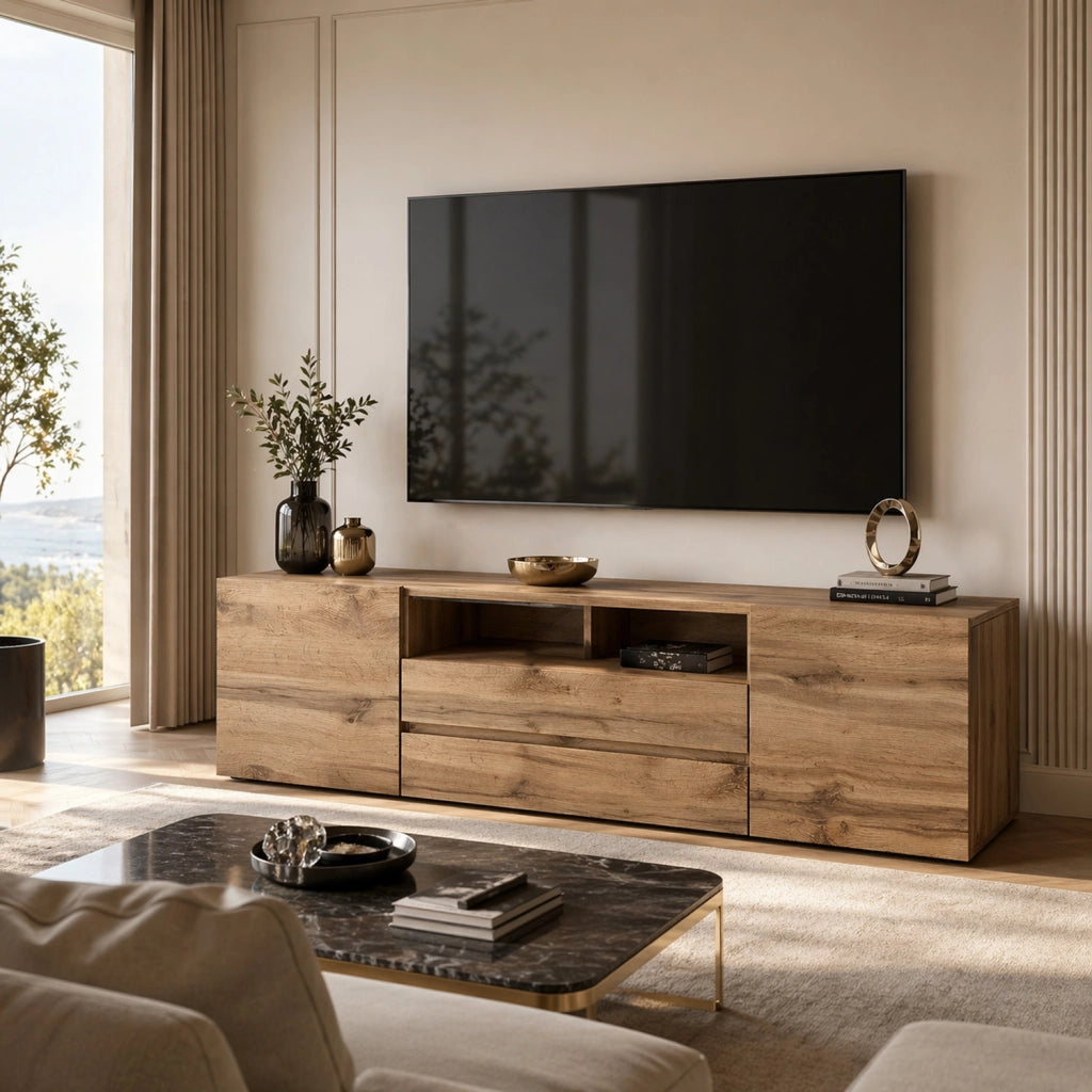 Mobile TV Design Moderno Nordico Con LED Integrati 2 Ante Battenti 1 Anta A Ribalta E Vani A Giorno In Melaminico Per Soggiorno Salotto Zona Living 137 X 45.5 X 33 Cm Rovere