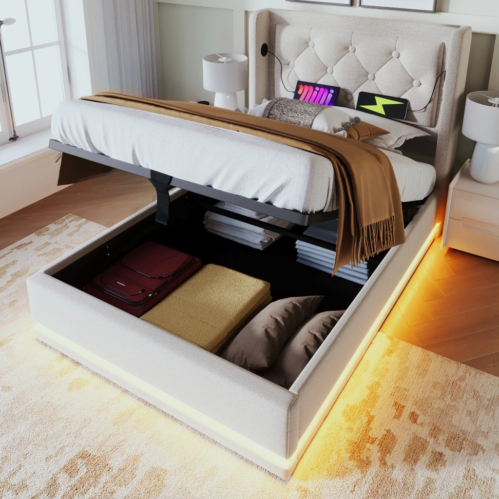 OKWISH Letto Contenitore 90×200 cm, Letto Singolo con USB, Tipo C, LED Regolabile e Testiera Imbottita, senza Materasso, Beige