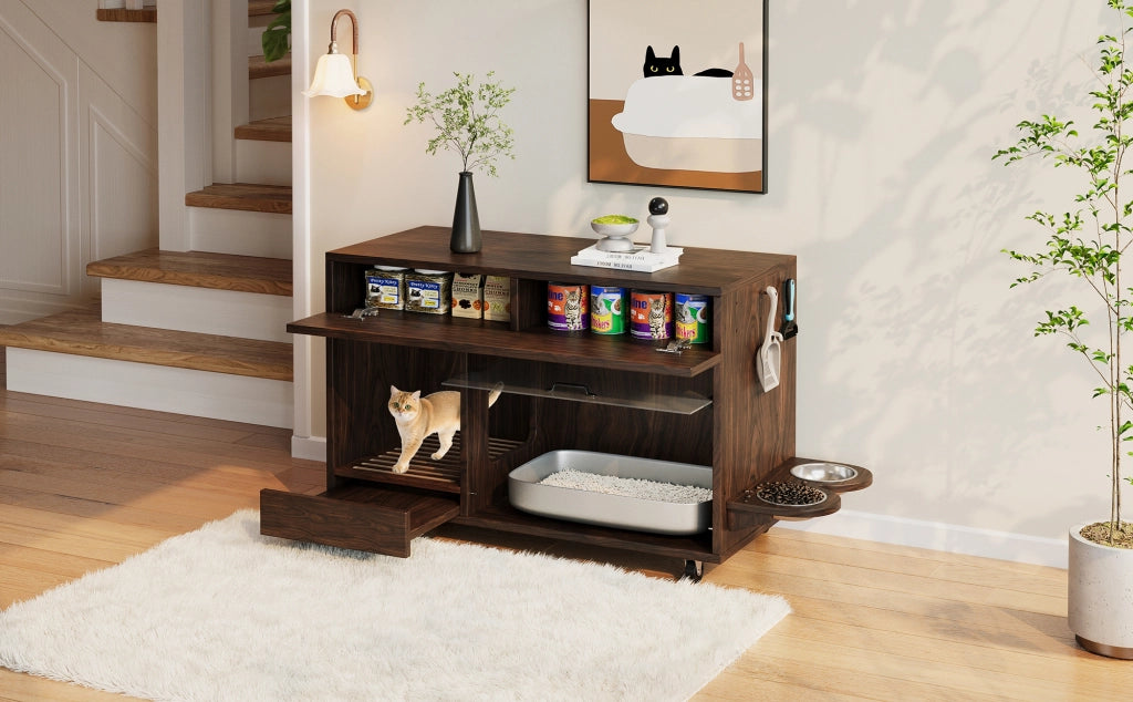 Mobile per lettiera per gatti con sportello in acrilico e cassetti, 100 x 45,5 x 67 cm, colore noce