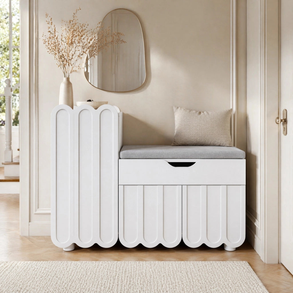 Scarpiera a 3 ante con cassetto e seduta imbottita 90x35x74;5 cm; bianco in MDF