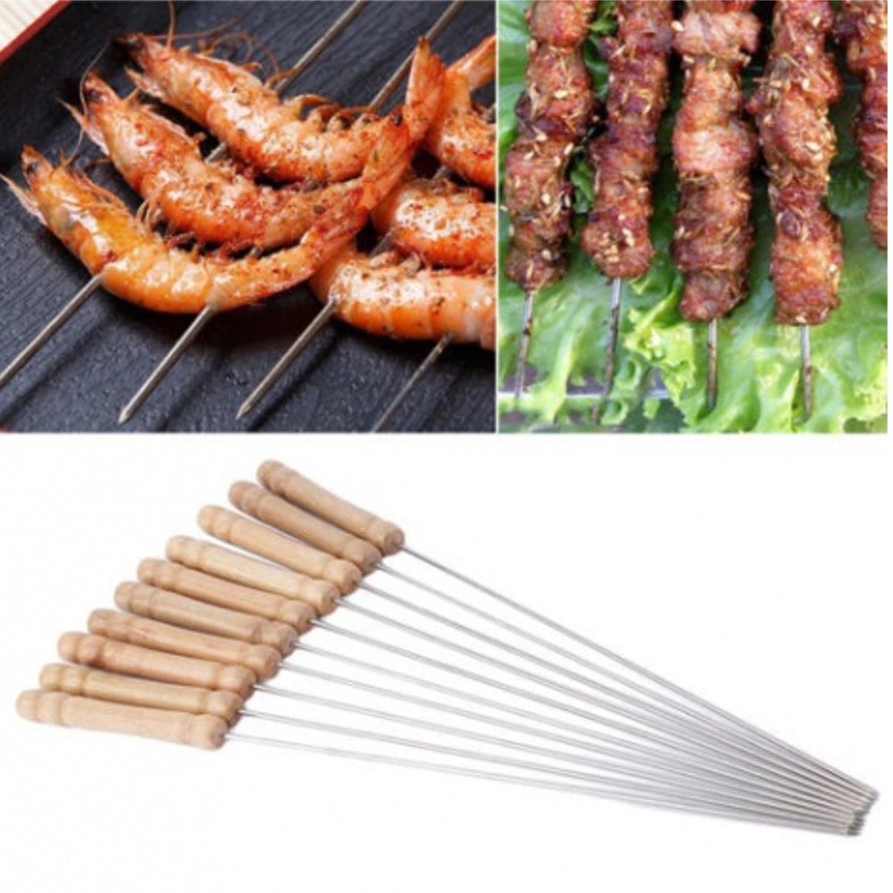 Trade Shop - 12 Spiedini Manico Legno Da Barbecue In Acciaio 25 Cm Griglia Brace Arrosticini -