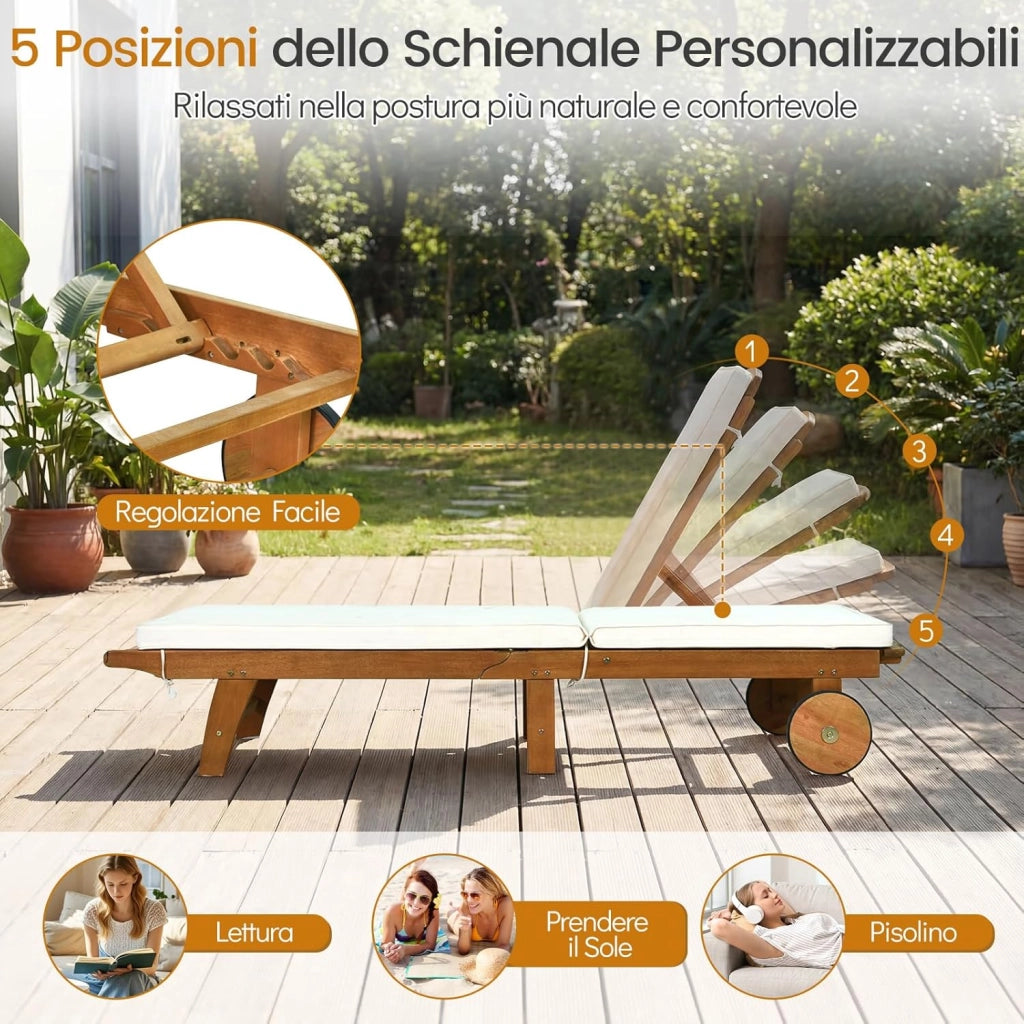 Lettino Prendisole Pieghevole, Lettino da Giardino in Legno di Eucalipto con Ruote e Cuscino, Schienale Regolabile 6 Posizioni, Tessuto Senza Fluoro, per Piscina e Spiaggia, Portata 160 kg (2)