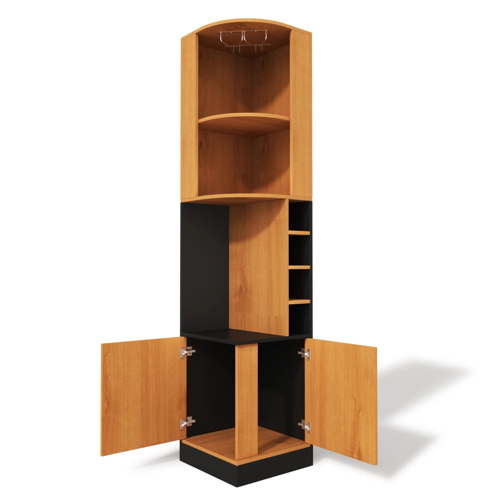 Mobile angolare portabottiglie e portacalici 40x40x182 cm in MDF, con vani aperti e credenza chiusa