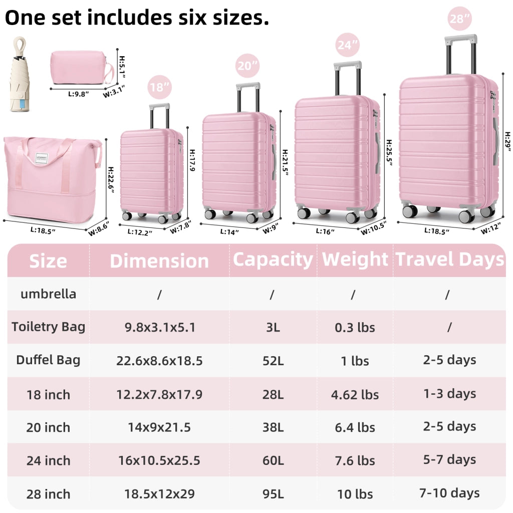 Set di valigie rigide espandibili a 6 pezzi con borsa weekender e beauty case in abs rosa